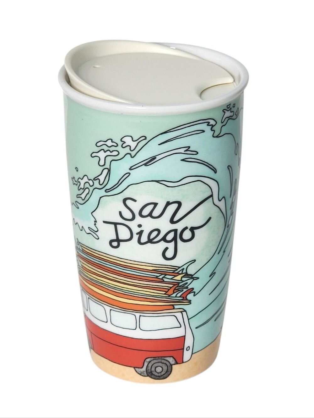 Starbucks San Diego 12oz Ceramic Travel Tumbler Beach Surfboards Van 2016